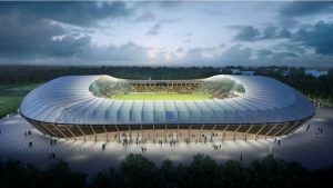 Computer generated image of a new wooden football stadium to be built in England