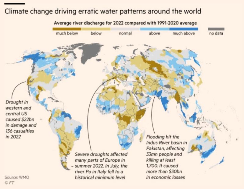 Map of the globe showing how water patterns in 2022 differ from the long-term average.