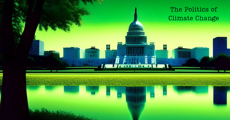 Art rendered image of the US Capitol building with a full green tint and the words "The Politics of Climate Change"