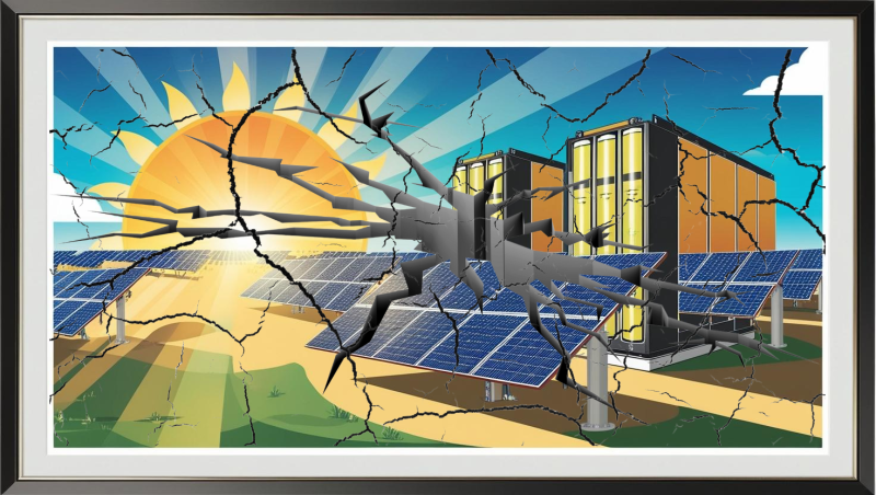 Conceptualized art of a piece of art showing a solar farm and batteries with cracked glass covering it